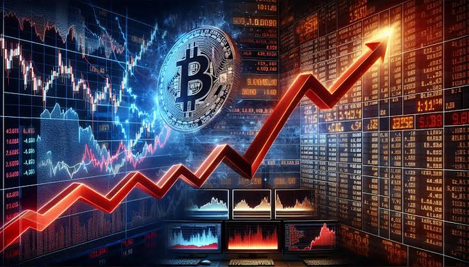 A digital illustration of a Bitcoin coin over a stock market chart with a red upward trending arrow and multiple monitors displaying financial data.