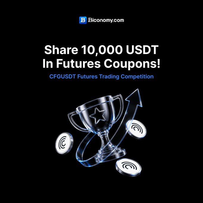 The image features a poster for a CFGUSDT Futures Trading Competition. The competition appears to be open to all participants who trade futures, with the reward for the top prize being $5,000. To enter the competition, users must pay a one-time fee of $10,000. Additionally, there is another cash prize available in case no one else wins. 
The poster includes an arrow pointing upwards and a trophy depicted as a cup filled with coins. The image also contains text that explains how to trade more for this competition or future trading opportunities.