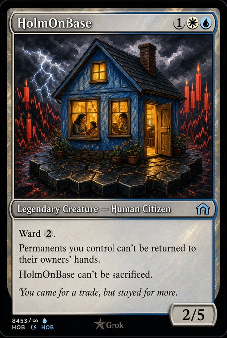 A digital trading card titled 'HolmOnBase' depicting a blue cottage with glowing windows against a dark, stormy background with red lightning, classified as a 'Legendary Creature — Human Citizen'.