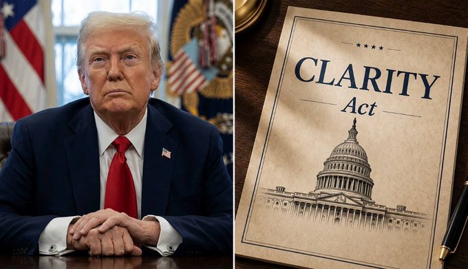 This split image shows a man resembling Donald Trump on the left and a document titled "CLARITY Act" with an illustration of the Capitol building on the right, hinting at a legislative decision impacting cryptocurrency.