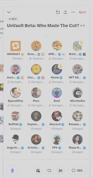A mobile app interface displays a live recording room titled 'UnVault Beta: Who Made The Cut?' featuring multiple users with their avatars and roles like 'Yönetici' and 'Konuşmacı'.