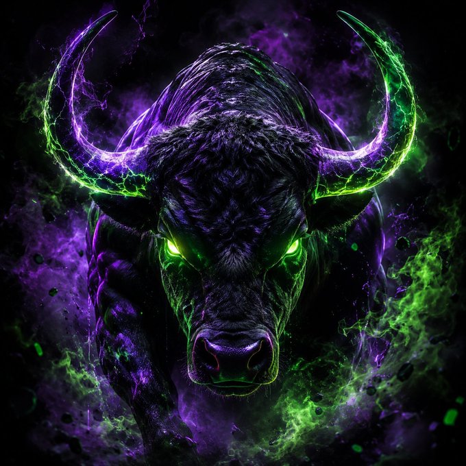 A stylized digital illustration of a charging bull with glowing green horns and eyes, surrounded by vibrant purple and green energy and lightning against a dark background.
