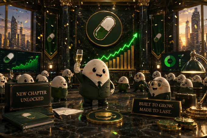A whimsical illustration featuring cartoon characters celebrating in an ornate room with green and gold decor, with text reading 'NEW CHAPTER UNLOCKED' and 'BUILT TO GROW, MADE TO LAST' alongside a rising green chart.