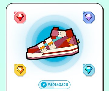 The image features a colorful, cartoon-style shoe with a red sole and white upper. There are four different colored diamonds surrounding the shoe, each at various positions around the shoe's outline. The text "stepn les suisses reviennent" is written in black below the shoe.