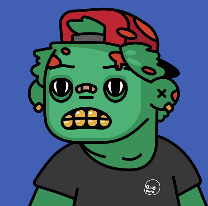 Illustrated cartoon character with green skin, a red cap, gold teeth, and visible stitching details, wearing a dark t-shirt against a blue background.