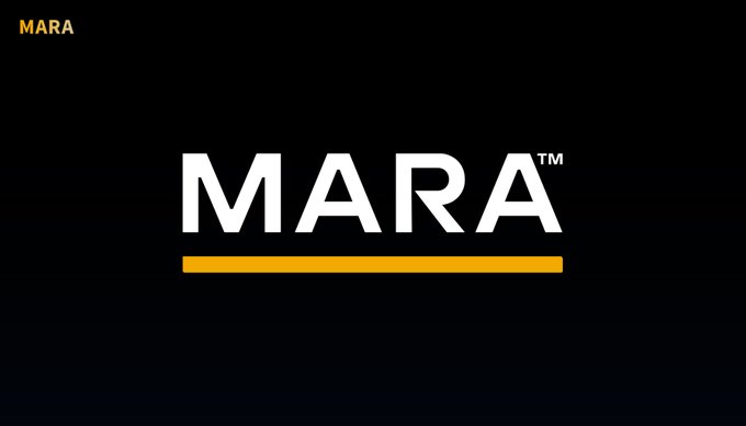 A minimalist logo screen displaying 'MARA' in bold white letters with a trademark symbol and a yellow underline, set against a black background. A smaller 'MARA' text appears in the top-left corner.