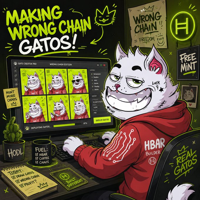 A neon-green and red cartoon illustration titled 'Making Wrong Chain Gatos!' featuring an anthropomorphic white cat wearing a red 'HBAR Builder' hoodie, working at a computer showing NFT minting software with 'Deploy Gatos' buttons, surrounded by chaotic elements like a 'HODL' plant, 'Wrong Chain = Freedom' poster, and 'Free Mint' signage.