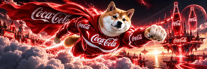 A Shiba Inu dog dressed as a superhero in a red "Coca-Cola" branded suit flies through a dramatic red sky, with glowing Coca-Cola bottle structures rising in the background amid clouds and lightning.

The image visually promotes the $CI (Coca Inu) token mentioned in the post by combining the iconic Shiba Inu meme mascot with Coca-Cola branding, positioning it as a "hero" missing from the meme coin landscape on LaunchOnSF.