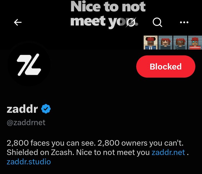 A screenshot of the verified Twitter/X profile of "zaddr" (@zaddrnet), which displays the bio "2,800 faces you can see. 2,800 owners you can't. Shielded on Zcash" and includes a red "Blocked" button. The profile relates to the post's theme of avoiding hype-driven projects, as the account promotes crypto privacy tools (like Zcash shielded transactions) that prioritize skepticism and selective participation over chasing short-term trends.