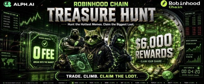 A green-themed promotional banner for 'ROBINHOOD CHAIN TREASURE HUNT' featuring 'ALPH.AI' branding, '$6,000 REWARDS', and a '00:04:20' countdown timer.