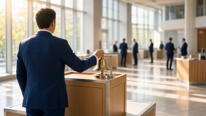 A man in a blue suit rings a large brass bell at a wooden podium in a bright, modern hall, with several other men in suits standing at similar podiums in the background.