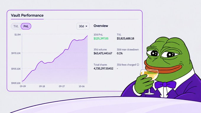 Crypto vault performance dashboard showing PnL chart with 30d PnL of $125,397.05 and TVL of $5,825,688.18, alongside a Pepe frog character holding a drink.