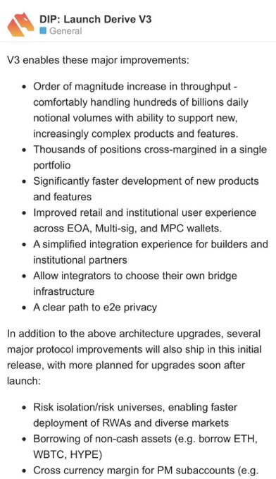 A documentation snippet from the 'DIP: Launch Derive V3' General channel describing version 3 upgrades including order-of-magnitude throughput increases, thousands of cross-margined positions per portfolio, faster product development, improved EOA/Multi-sig/MPC wallet support, flexible bridge infrastructure, and e2e privacy, plus protocol improvements like risk isolation, non-cash asset borrowing, and cross-currency margin.