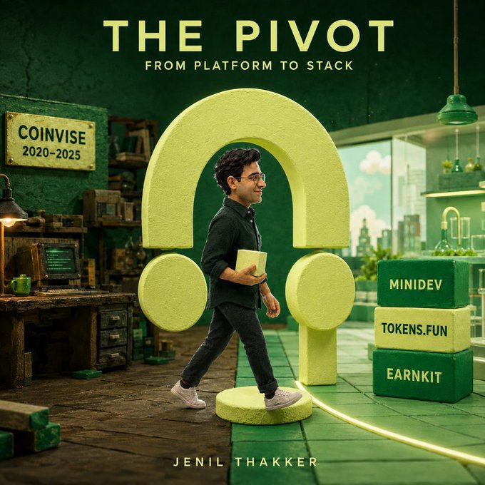 A book or presentation cover titled 'THE PIVOT: FROM PLATFORM TO STACK' by JENIL THAKKER, featuring a man walking through a green archway, with references to COINVISE (2020-2025), MINIDEV, TOKENS.FUN, and EARNKIT.