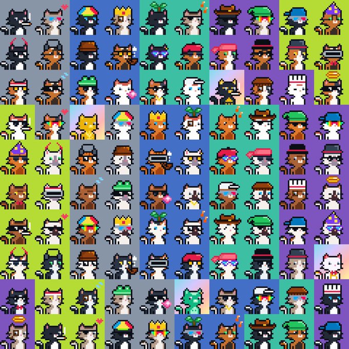 A colorful grid of pixel art cat characters featuring various breeds, colors, and accessories like hats, crowns, and sunglasses arranged against bright multicolored backgrounds.