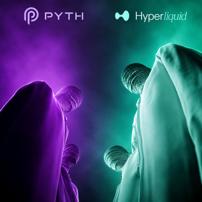 A stylized image featuring two hooded/cloaked figures facing each other in a dramatic standoff, illuminated by purple and teal lighting, with the Pyth Network and Hyperliquid logos displayed at the top.