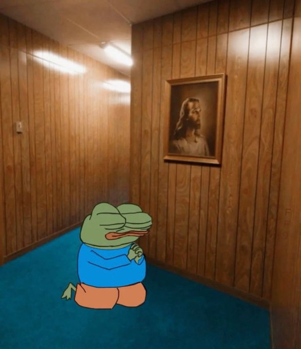 A humorous scene featuring the "Pepe the Frog" cartoon character kneeling in prayer in a wood-paneled hallway, with a framed portrait of Jesus hanging on the wall ahead.
