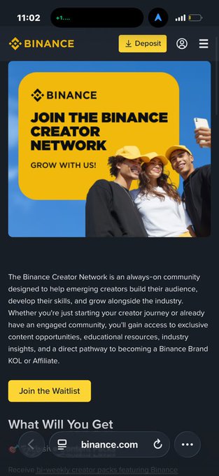 A Binance app screen promoting the Binance Creator Network with a 'Join the Waitlist' button, shown at binance.com.