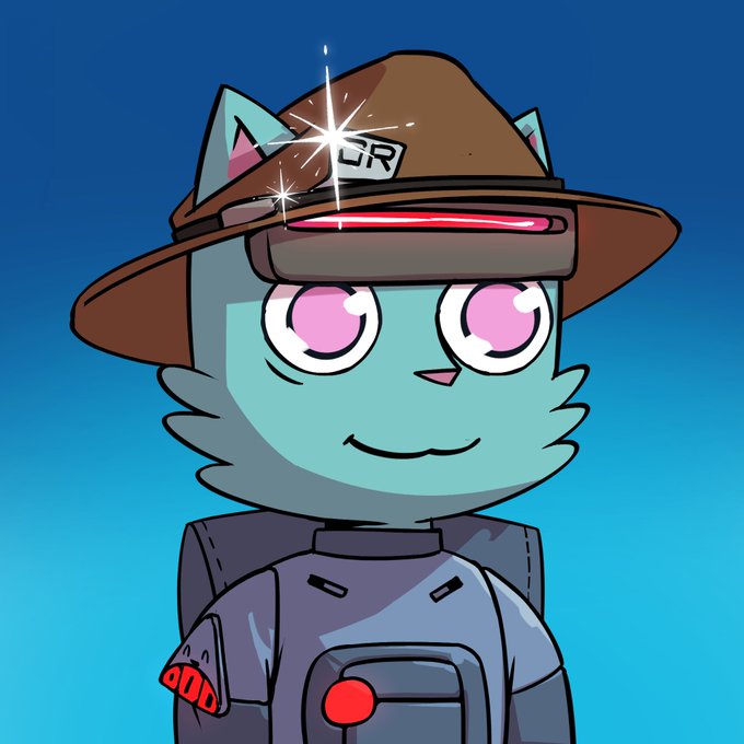 A stylized cartoon cat character with teal fur, pink eyes, and a brown scout hat adorned with an "LR" badge and a glowing star smiles against a blue background. The image relates to the post as a thank-you illustration for the honorary recognition from @ODDCATSdotCOM.