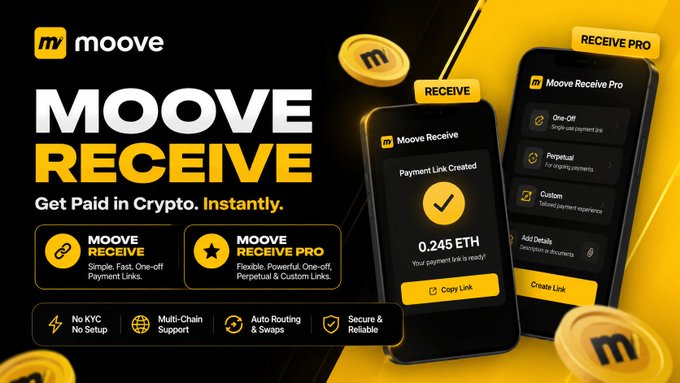 Promotional banner for "Moove Receive" with the tagline "Get Paid in Crypto. Instantly." The dark background with yellow accents showcases two mobile app interfaces and features mentioning "MOOVE RECEIVE" and "MOOVE RECEIVE PRO" plans.