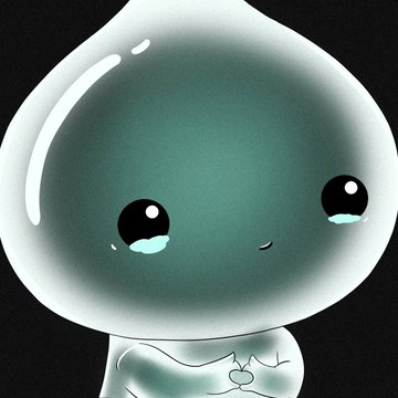 A cute cartoon-style character with a large round teardrop-shaped head, big black eyes with cyan tears, and a small body on a black background.