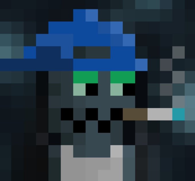 A pixel art image of a dark grey character with green eyes wearing a blue wizard-like hat and smoking a cigarette.