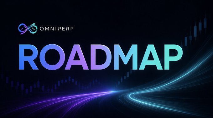 A roadmap graphic for Omniperp, featuring the company logo and the word 'ROADMAP' in large gradient text against a dark background with neon light trails.