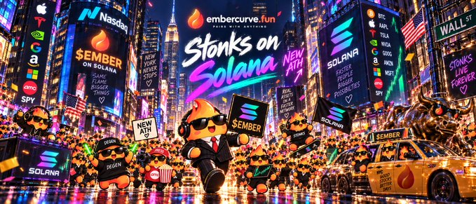 A vibrant Times Square scene teems with crowds of orange flame-like characters waving "$EMBER," "SOLANA," "DEGEN," and "NEW ATH" signs alongside giant digital billboards displaying NASDAQ, SPY, and various tickers, celebrating $EMBER's momentum on Solana. The image visually amplifies the post's bullish sentiment, depicting a festive, trading-floor atmosphere with the memecoin taking center stage.