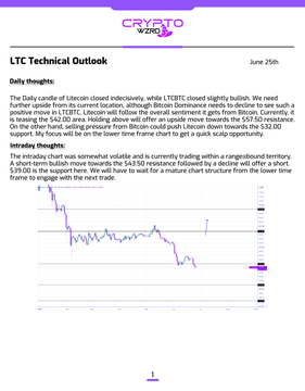 The image is a "Crypto Wiz" LTC Technical Outlook dated June 25th, featuring a candlestick chart of Litecoin (LTC). The accompanying analysis describes LTC's indecisive daily close, a short-term bullish move toward $63.50 followed by a decline to $57.50, and highlights key intraday resistance at $60.50 and support at $59.00, with attention shifting to lower timeframe structure for a potential scalp setup.