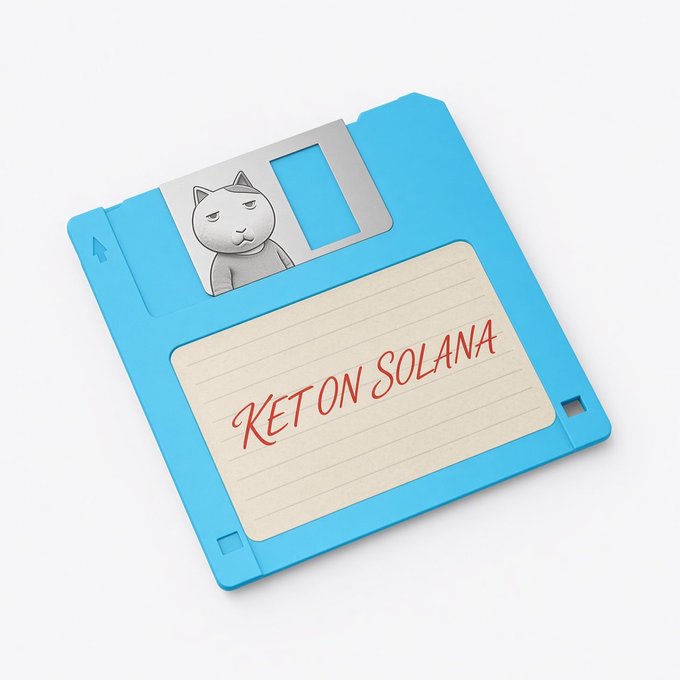 A blue floppy disk illustration featuring a bored cartoon cat face on the metal shutter and a label with handwritten red text reading 'KET ON SOLANA'.