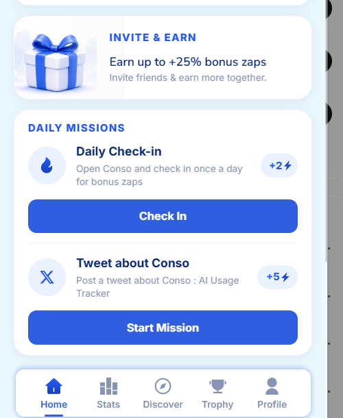 Mobile app interface screenshot showing an 'INVITE & EARN' section offering +25% bonus zaps, along with 'DAILY MISSIONS' including a Daily Check-in (+2⚡) and a Tweet about Conso mission (+5⚡).