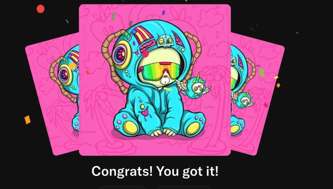 A colorful 'Congrats! You got it!' screen showing an NFT card of a character in a blue bear-themed hood with sunglasses and a small bird companion.