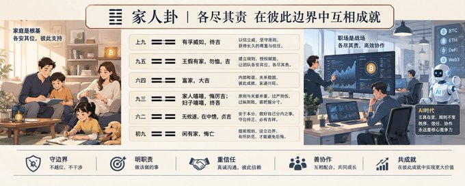 A Chinese informational graphic about the '家人卦' (Family Hexagram) I Ching reading, showing hexagram interpretations and illustrations of family and workplace scenarios.