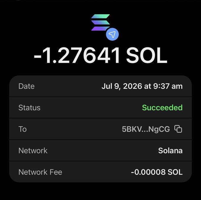 The image shows a successful Solana transaction of -1.27641 SOL (sent to address "5BKV...NgCG" on Jul 9, 2026) with a network fee of -0.00008 SOL, illustrating the post's claim of sending someone $100 with an airdrop offer to others.