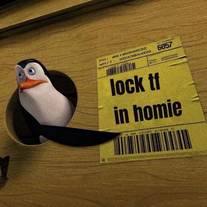 A meme featuring a penguin character peeking through a hole in cardboard next to a yellow shipping label that reads 'lock tf in homie'.