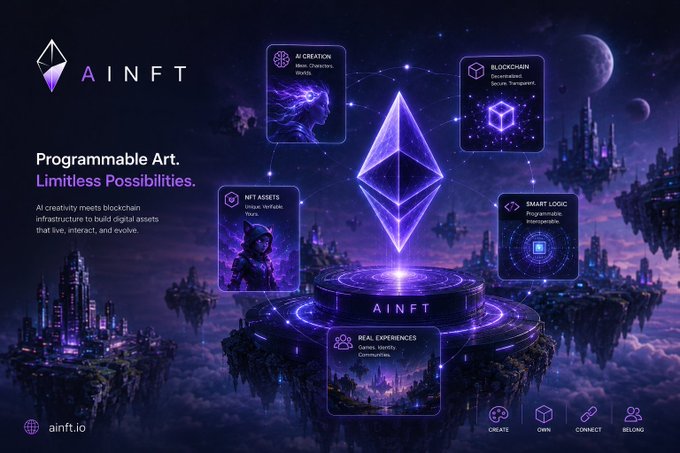 AINFT promotional graphic with the tagline 'Programmable Art. Limitless Possibilities.' featuring an Ethereum diamond logo and categories including AI CREATION, BLOCKCHAIN, NFT ASSETS, SMART LOGIC, and REAL EXPERIENCES.