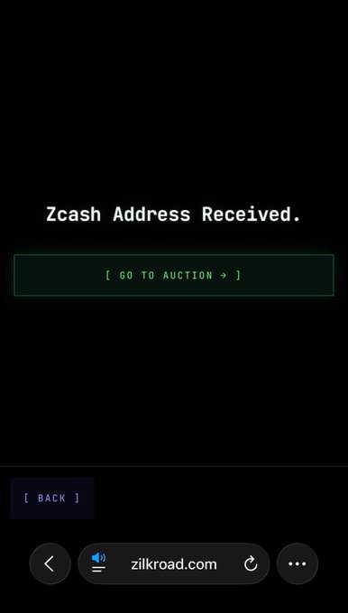 A mobile screenshot from zilkroad.com displays a confirmation message reading "Zcash Address Received." with a green "[ GO TO AUCTION > ]" button, indicating the user has successfully registered a Zcash address for an upcoming auction. The image aligns with the post's context of preparing for an auction event on the Zilkroad platform.