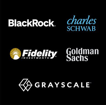 The image displays the logos of five major financial institutions—BlackRock, Charles Schwab, Fidelity Investments, Goldman Sachs, and Grayscale—against a black background. It visually supports the post's message by showcasing the institutional "GIANTS" entering the crypto space, implying that retail investors should buy Ethereum ($ETH) now while it's still affordable before these trillion-dollar firms drive prices up.