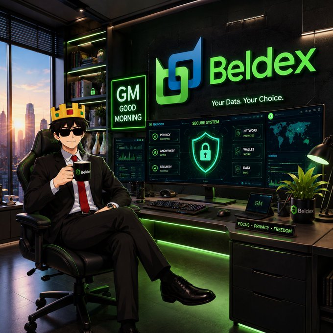 An anime-style character in a black suit, sunglasses, and a crown sits in a gaming chair holding a "Beldex" mug, with a setup featuring "Beldex - Your Data. Your Choice." branding and security-themed dashboards.