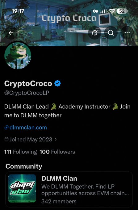 A screenshot of an X (Twitter) profile for 'CryptoCroco' (@CryptoCrocoLP), describing themselves as a 'DLMM Clan Lead' and 'Academy Instructor' with a link to dlmmclan.com.