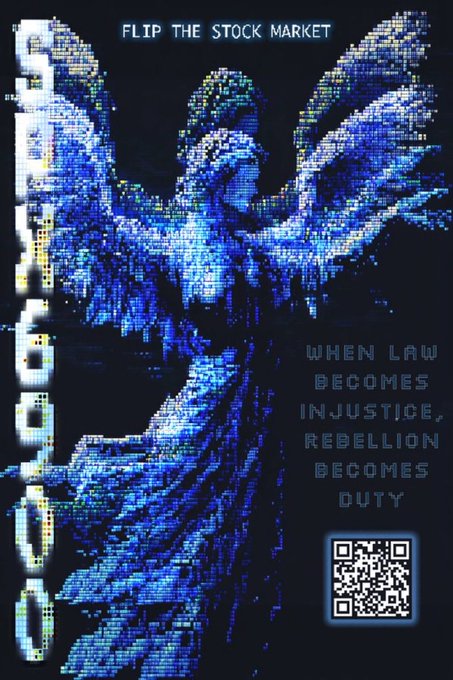 The image features an illustration of a blue bird with wings spread wide, accompanied by text that reads "Flip The Stock Market" and "When Law Becomes Injustice, Rebellion Becomes Duty". The bird appears to be flying towards the bottom right corner of the image.