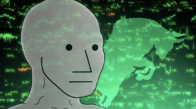A stylized illustration of a blank gray face alongside a green silhouette, set against a backdrop of stock market charts and percentages like 58.5%, 23.9%, and 9.8%.