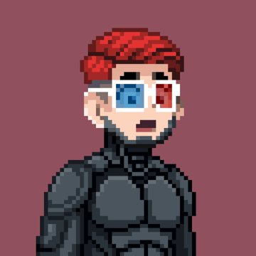A pixel art avatar of a character with red hair and heterochromia (blue and red eyes) wearing black armor. The image accompanies a post about NFT collection hype and sales performance on the PixonaOrg platform.