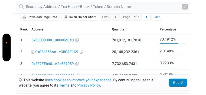 A blockchain token holder chart displaying addresses, quantities, and percentages, with the top address holding 70.1912% of the tokens.