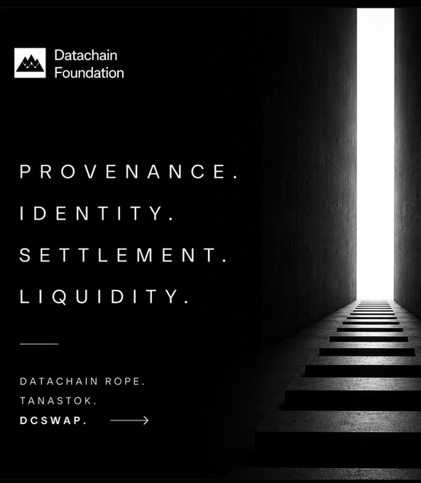 A promotional graphic for 'Datachain Foundation' displaying the words 'PROVENANCE. IDENTITY. SETTLEMENT. LIQUIDITY.' along with 'DATACHAIN ROPE. TANASTOK. DCSWAP.' next to a dark corridor leading to a bright opening with stairs.