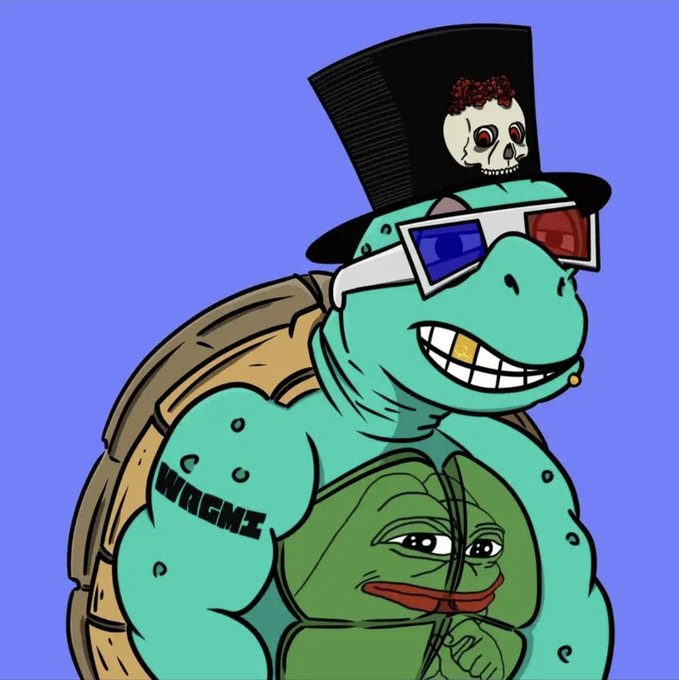 A cartoon illustration of a muscular teal turtle (Pepe) wearing 3D glasses and a black top hat with a skull emblem, featuring a 'WAGME' tattoo on its arm and a smaller Pepe character on its chest.