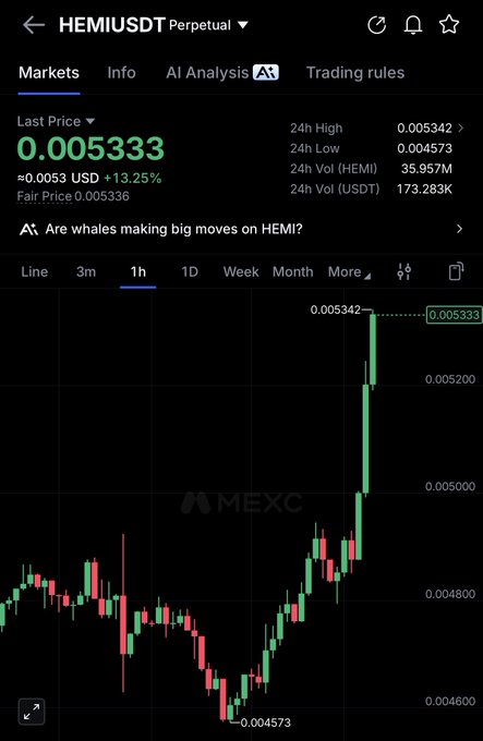 A MEXC trading chart shows the HEMI/USDT perpetual pair surging 13.25% to $0.005333 on the 1-hour timeframe, with a notable spike from the 24h low of $0.004573 to the 24h high of $0.005342—capturing the bullish momentum behind the "$hemi let's go" excitement.