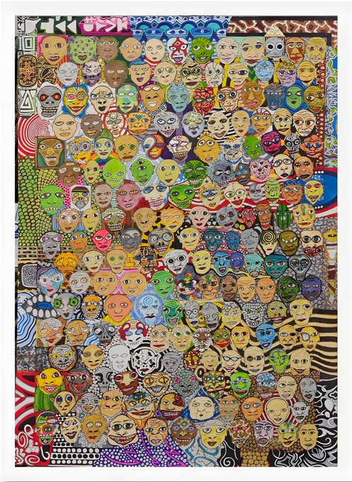 A dense, colorful artwork filled with numerous stylized faces of various colors, expressions, and designs arranged in a mosaic-like composition.