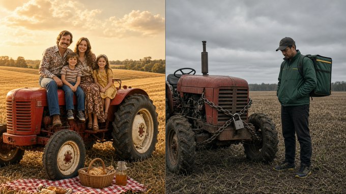 A side-by-side image showing a happy family in 1970s attire sitting on a red tractor at sunset on the left, and a sad delivery worker in a green jacket standing by a rusty, chained-up tractor in a muddy field on the right.