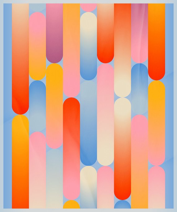 A colorful abstract pattern of vertical rounded pill-shaped bars in shades of orange, pink, red, blue, and yellow arranged in a repeating design on a light blue background.